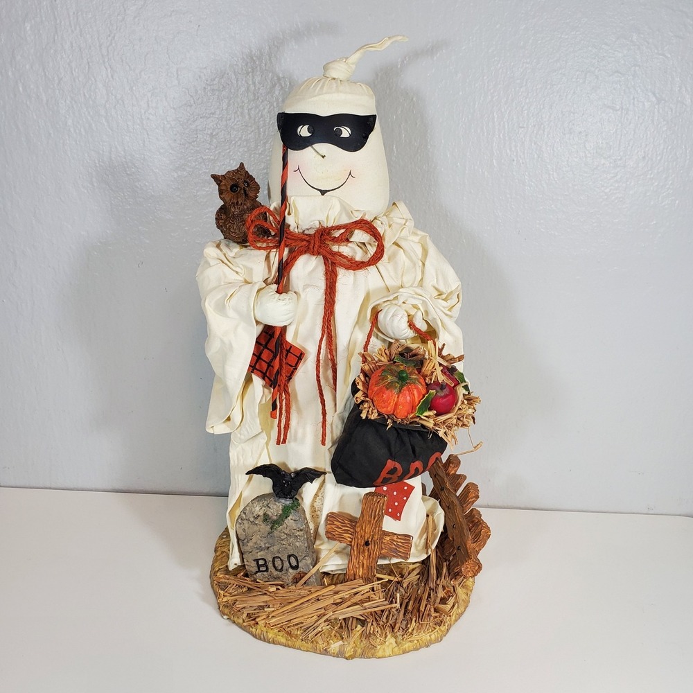 Halloween 13" Fabric Mache Ghost Figurine Trick or Treat Graveyard Owl Bat VTG